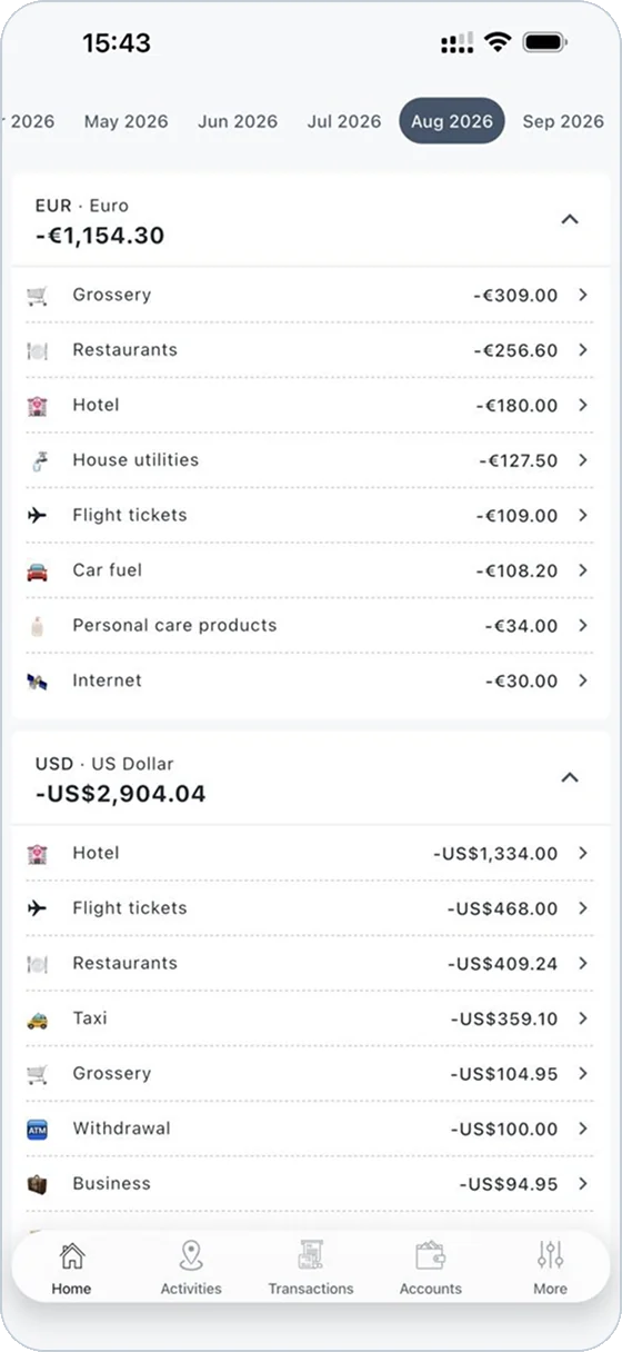 Expenses in euro and US dollar, side by side
